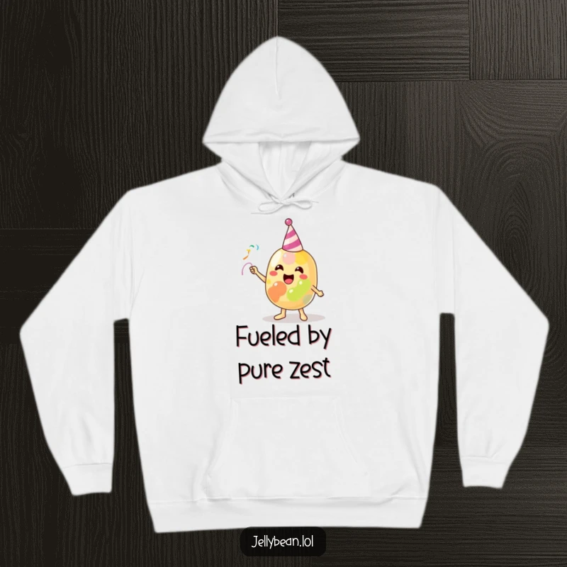 Funny Hoodie depicting a jubilant jelly bean character gleefully flinging a miniature party streamer, exuding excitement and cheer.