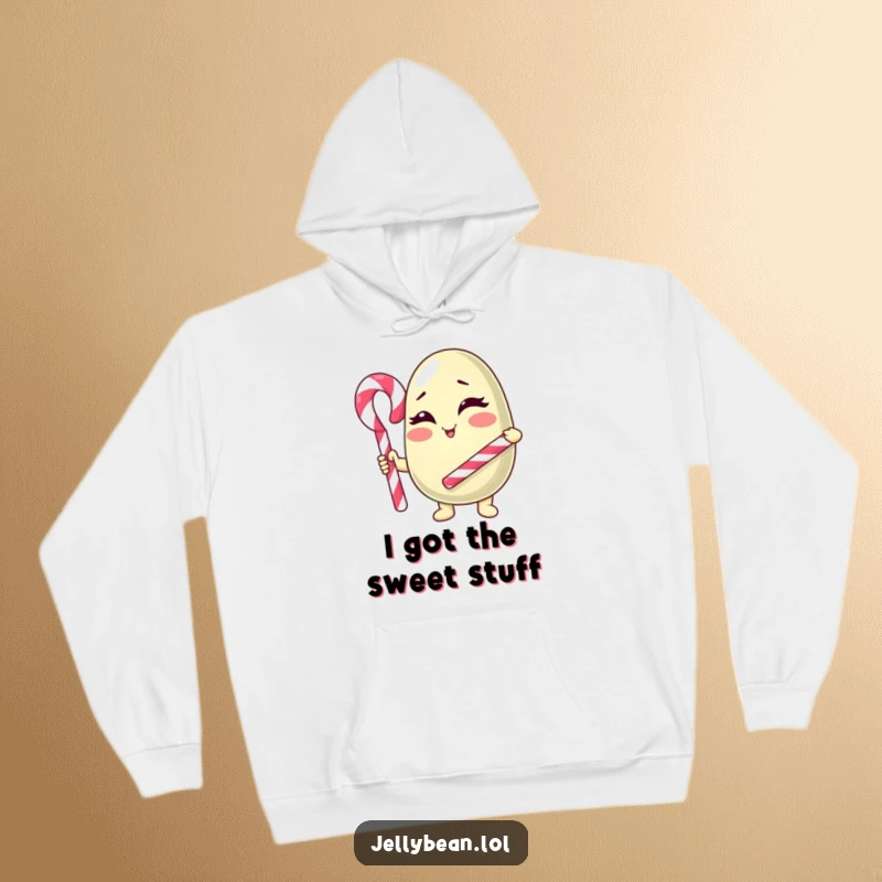 Funny Hoodie: A cheerful anthropomorphic jelly bean character winks with a candy cane cane, offering warmth and humorous style.