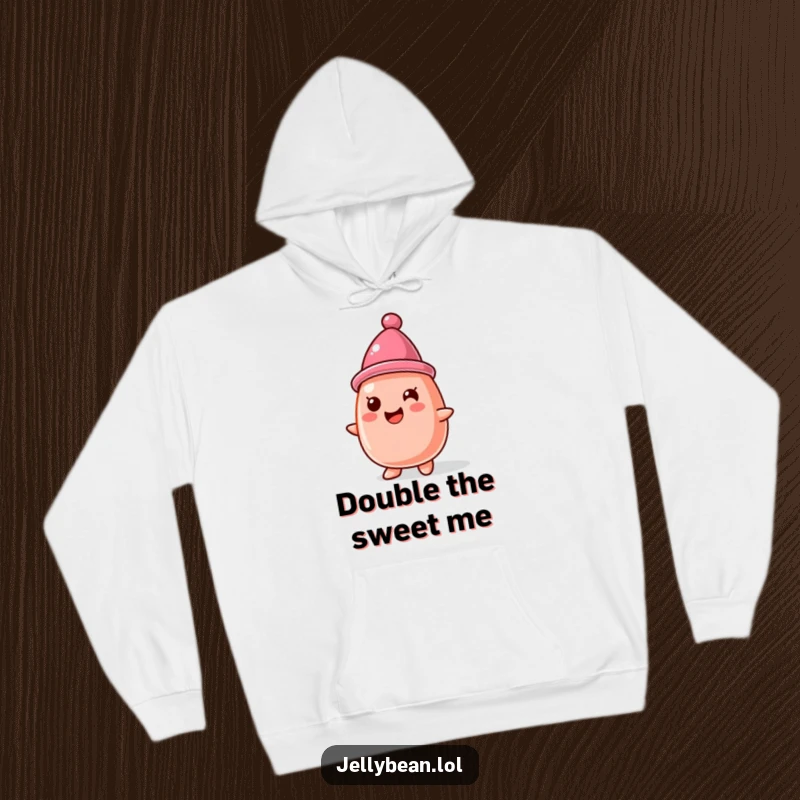 Funny Hoodie: A happy jelly bean character sports a small hat made of another jelly bean, providing warmth and adorable humor.