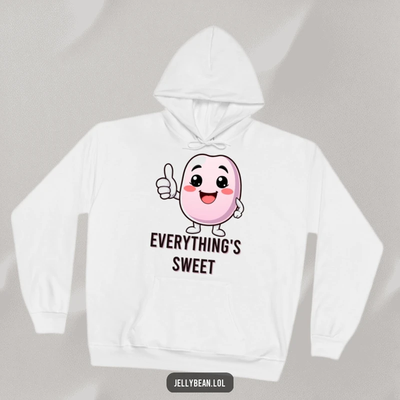 Funny hoodie featuring a jelly bean character giving a thumbs up with a bright, infectious smile, radiating positivity.