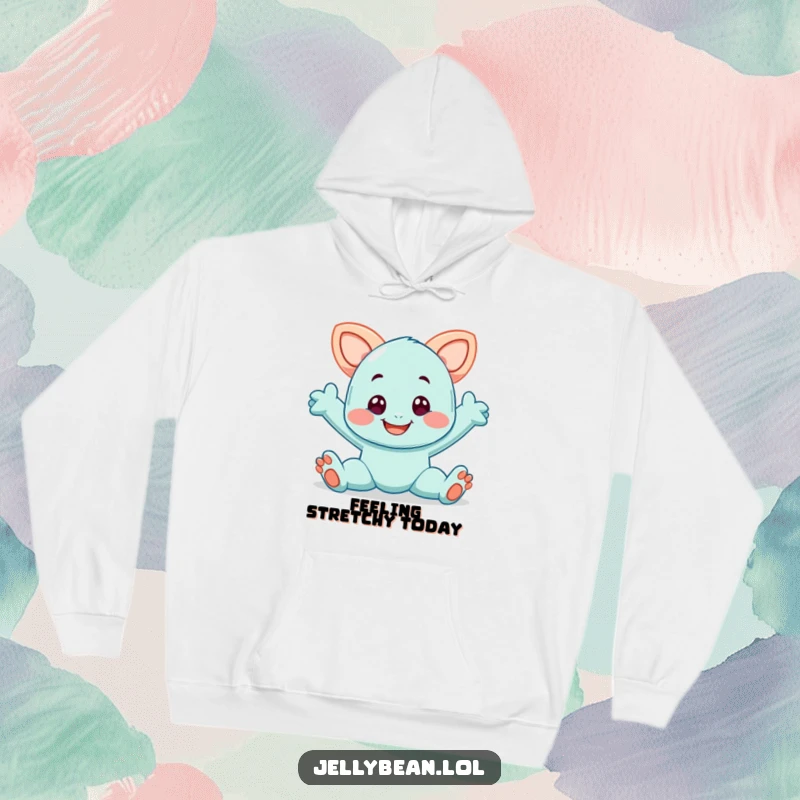 Funny hoodie featuring a smiling taffy character in a playful, elongated stretch, offering supreme comfort and flexibility.