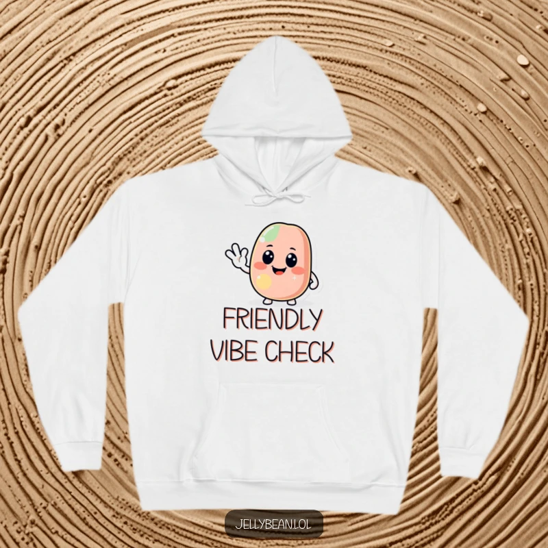 Funny jelly bean hoodie with a jolly character giving a friendly wave, offering comfort and a dose of good cheer, a cozy and funny gift.