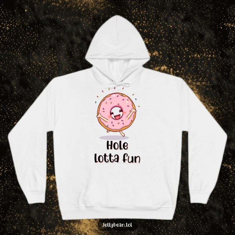 Funny hoodie featuring a grinning donut character in mid-cartwheel with sprinkles flying, designed for comfort and a dose of sweet humor.