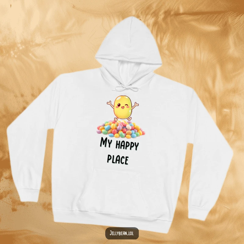 Funny hoodie with an anthropomorphic jelly bean character enthusiastically leaping into a colorful, tempting pile of sweets.