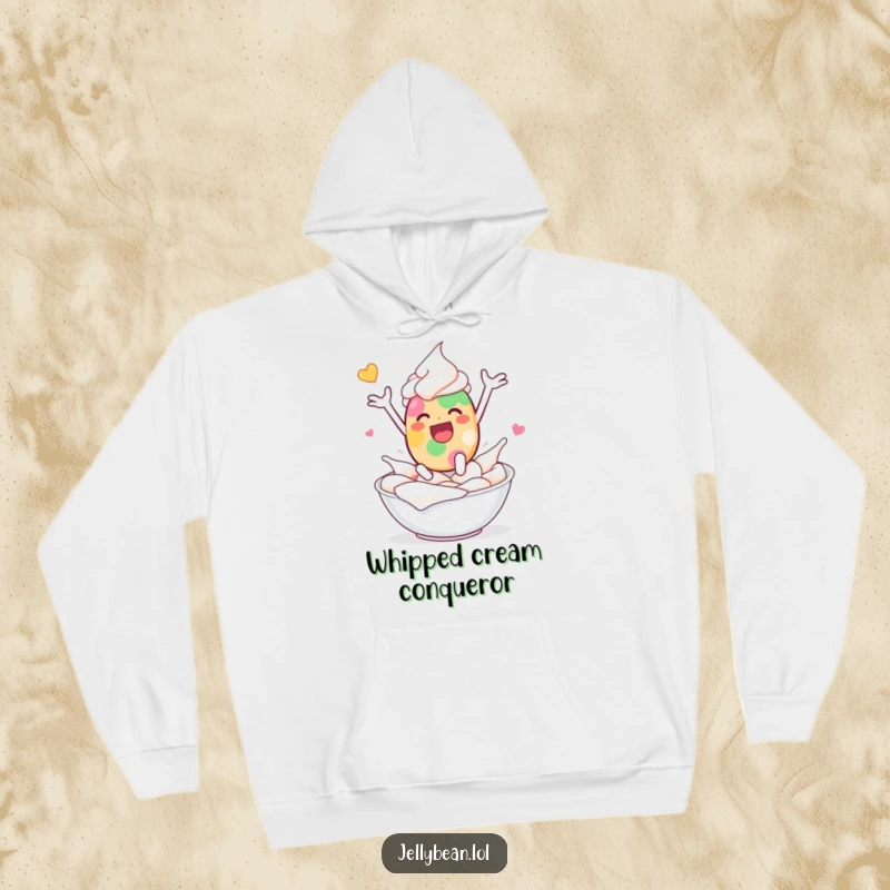 Funny hoodie showing a jelly bean character joyfully leaping headfirst into a bowl of whipped cream with pure, uninhibited delight.
