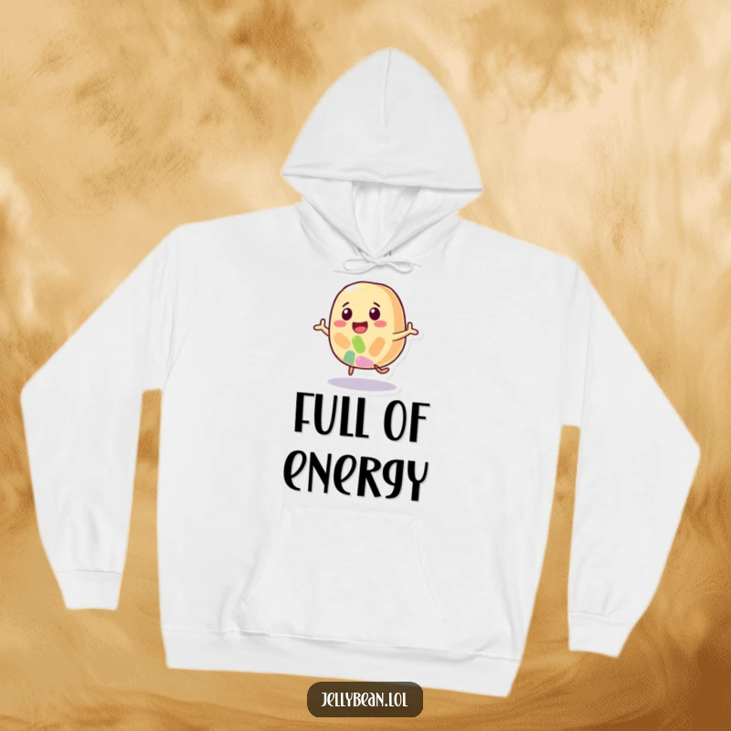 Funny hoodie featuring a happy jelly bean character in a dynamic bounce, offering warmth and a touch of sweet, playful energy.