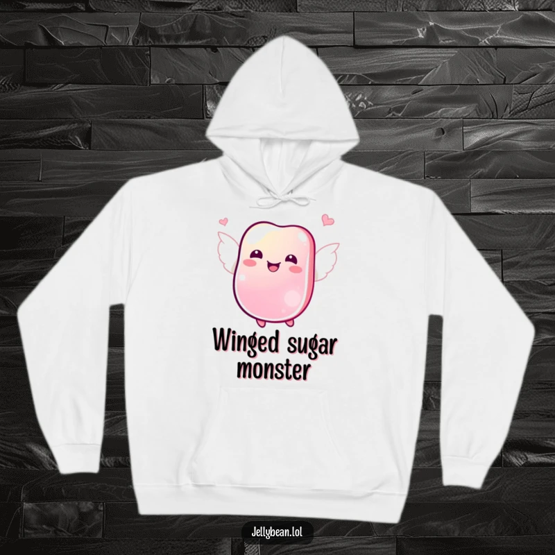 Funny hoodie featuring a jubilant jelly bean with tiny wings flying joyfully, offering cozy cheer.