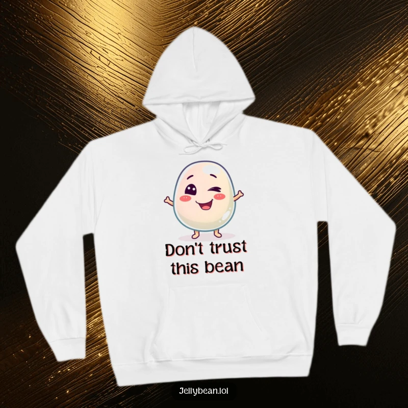 Funny hoodie with a mischievous jelly bean character giving a playful wink, offering warmth and a touch of sweet humor.