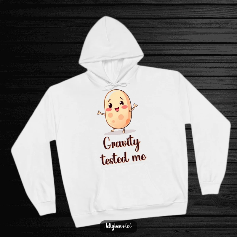 Funny jelly bean hoodie with a wobbly character trying to balance, offering warmth and a humorous reminder to keep trying, a cozy and funny gift.