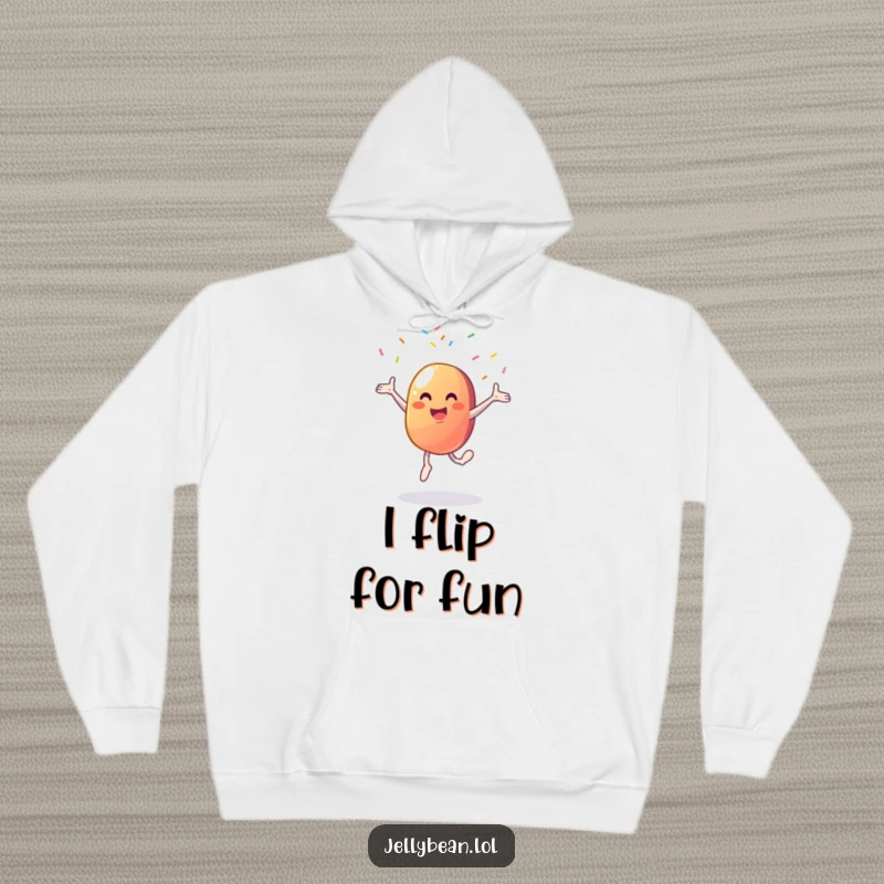 Funny hoodie featuring a joyful jelly bean character in a dynamic cartwheel pose, with a splash of colorful sprinkles flying everywhere.