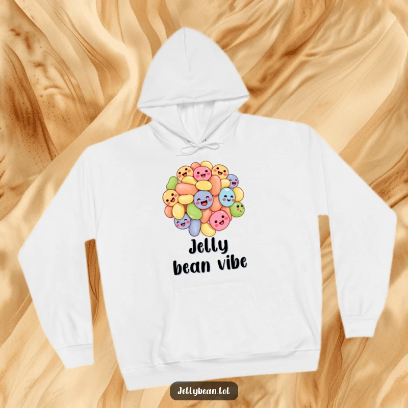 Funny tumbling jelly beans hoodie featuring a cluster of jelly beans with joyful expressions, tumbling playfully, perfect for cozy and comical wear.