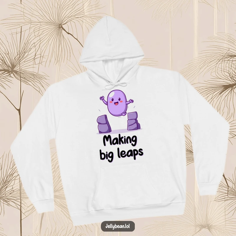 Funny purple jelly bean hoodie capturing a heroic leap over a gap, a warm and funny gift.