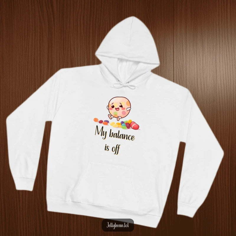Funny Hoodie featuring a jelly bean character comically slipping on scattered candy, perfect for cozying up after a mishap.