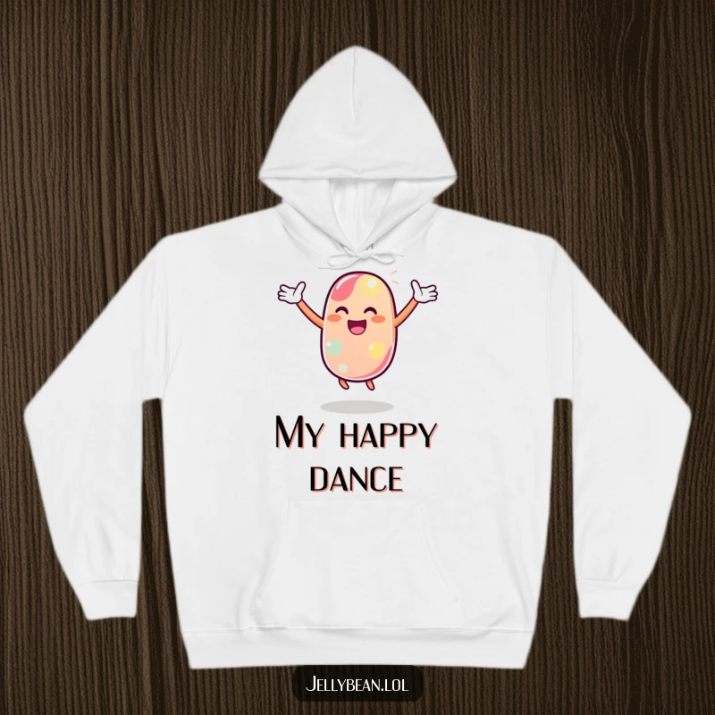 Funny Hoodie featuring a jelly bean character performing a joyful dance with arms flair, perfect for cozy celebrations.