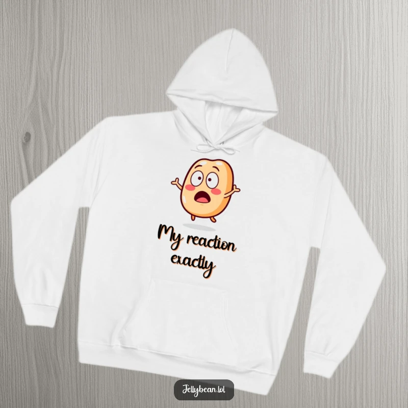 Funny Hoodie featuring a jelly bean character in a comical surprised jump, perfect for staying warm and expressing shock.