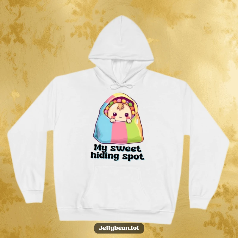 Funny Hoodie: A shy jelly bean character peeks from a colorful bag, offering warmth and adorable cuteness.