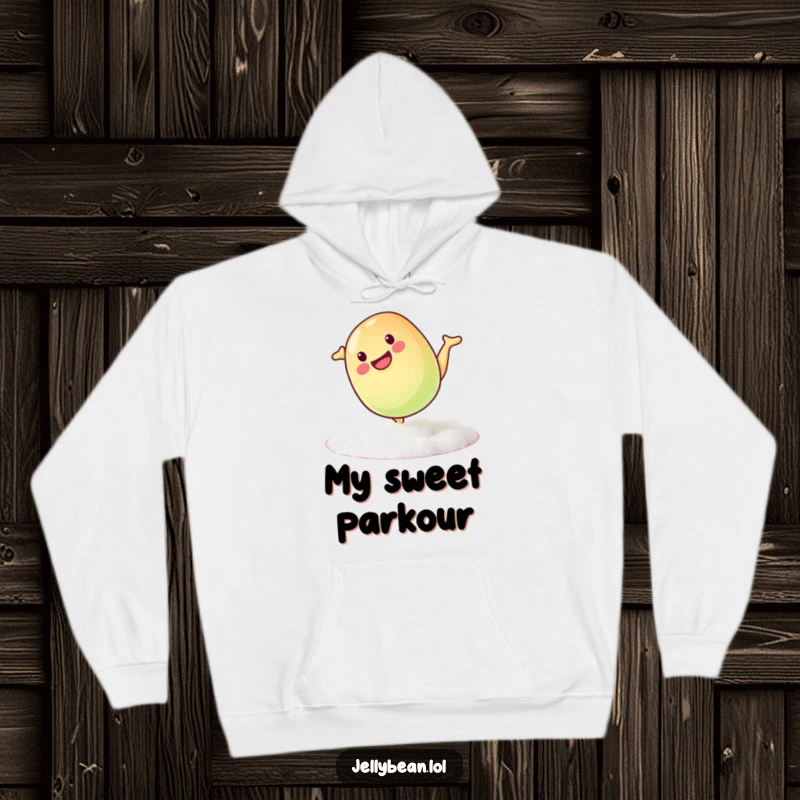 Funny hoodie showing a mischievous jelly bean doing a playful somersault on a sugary surface, offering cozy fun.