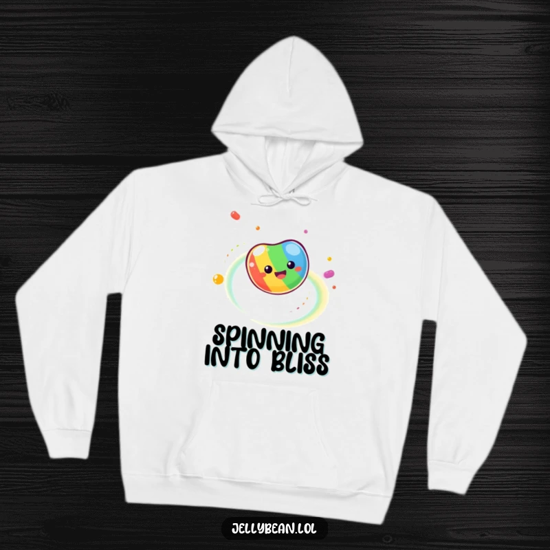 Funny Hoodie depicting a dizzy jelly bean spinning with abandon, surrounded by a spectacular trail of rainbow colors, for a lively look.