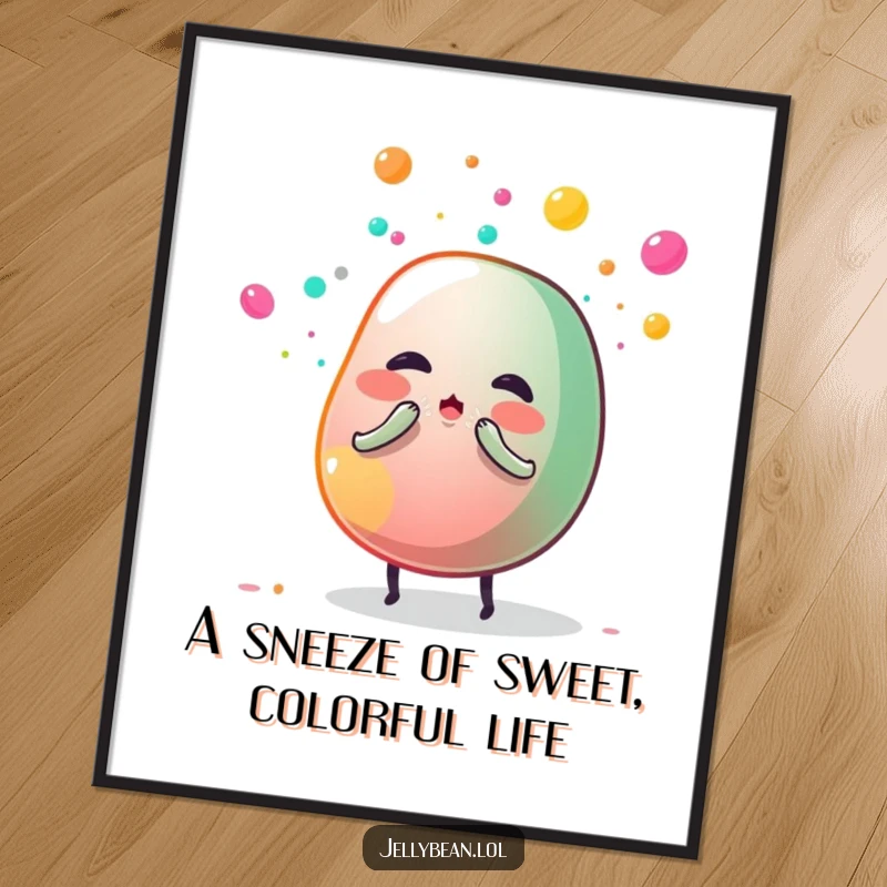 Funny Free Printable Wall Art: Jelly Bean Character Unleashing a Powerful Sneeze of Sugar Dust