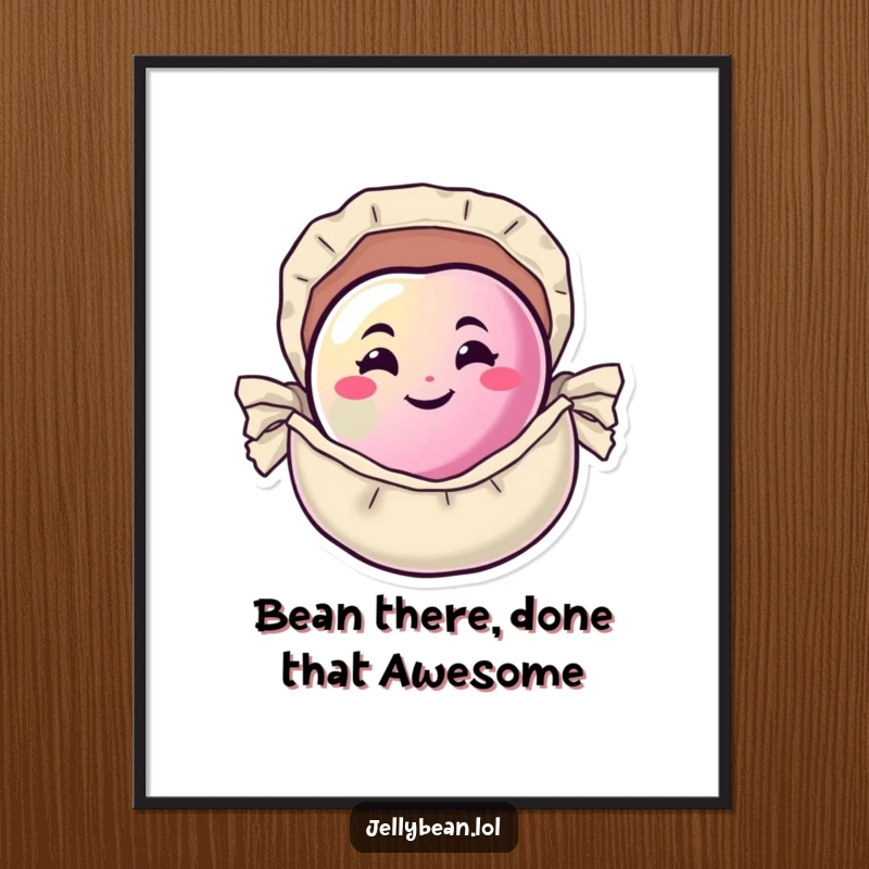 Funny Free Printable Wall Art: A playful jelly bean with a cheeky grin, peeking out from a candy wrapper, downloadable.