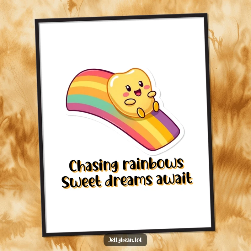 Funny Free Printable Wall Art showcasing a jelly bean delightedly sliding down a vivid, radiant rainbow.