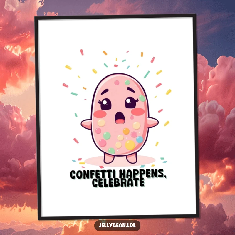 Funny Free Printable Wall Art: Jelly bean character looking surprised as confetti rains down, capturing a moment of joy, unique DIY decor.