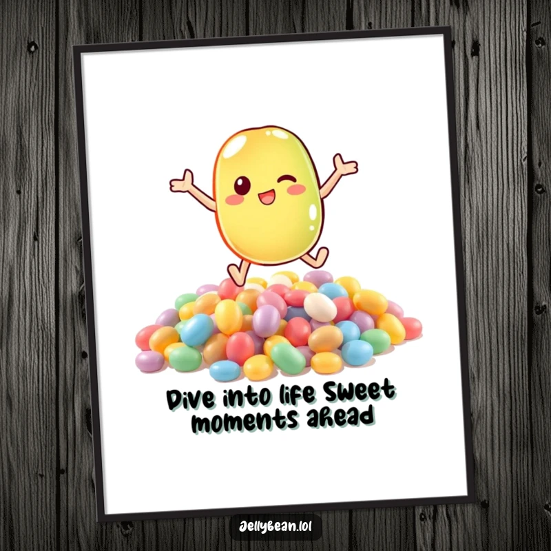 Funny Free Printable Wall Art capturing a jelly bean making a spectacular leap into a vibrant, overflowing pile of candy.