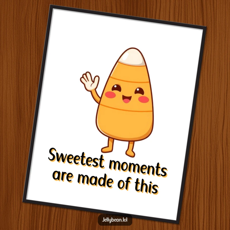 Funny Free Printable Wall Art: An adorable candy corn character offering a friendly, welcoming wave.