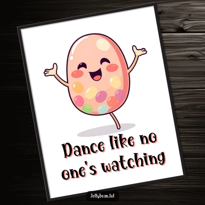 Funny Free Printable Wall Art: A colorful jelly bean character captured mid-happy dance, perfect for kitchens or kids' rooms.