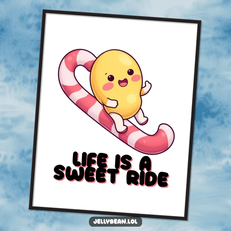 Funny Free Printable Wall Art: Jelly bean character joyfully riding a giant candy cane, perfect downloadable art.