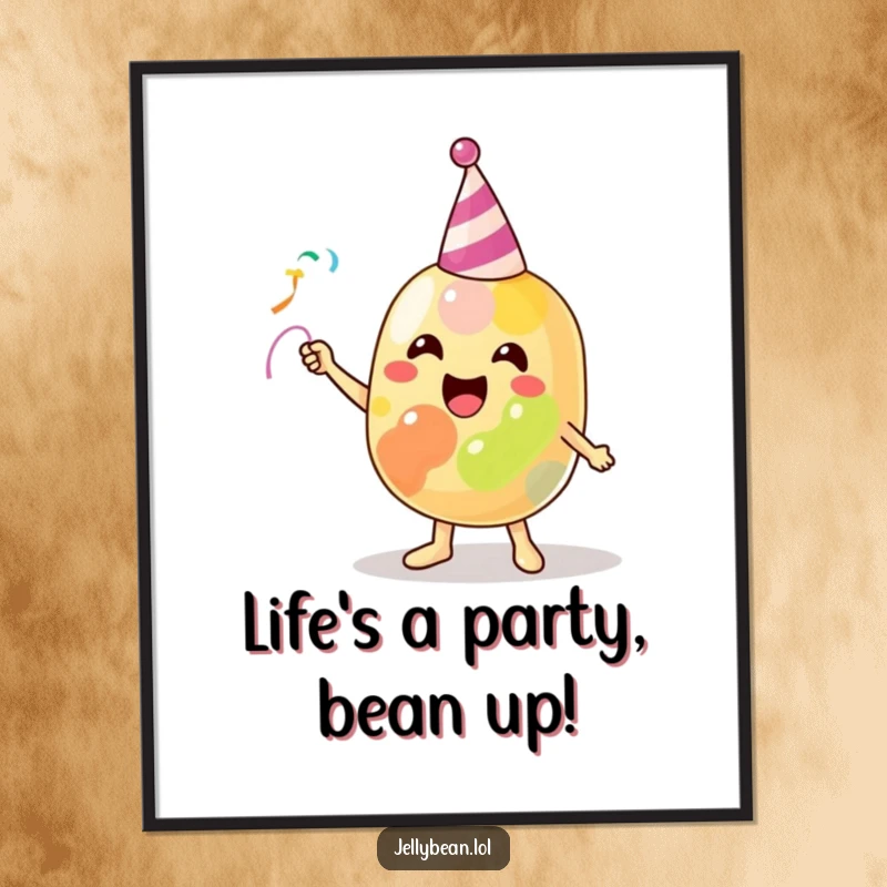 Funny Free Printable Wall Art of a gleeful jelly bean character launching a celebratory party streamer, radiating pure joy and excitement.