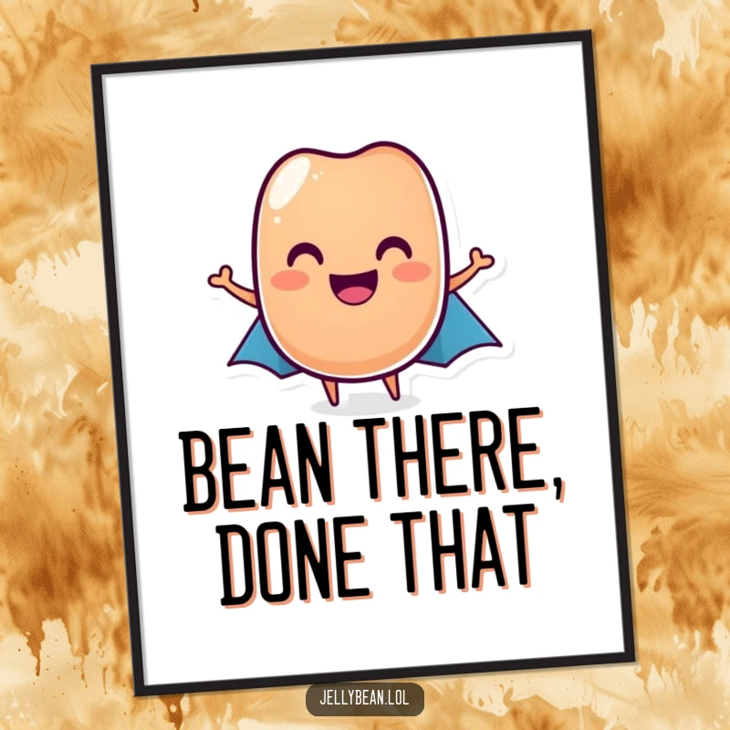 Funny Free Printable Wall Art: A grinning jelly bean in a tiny cape strikes a heroic pose, ready to decorate.