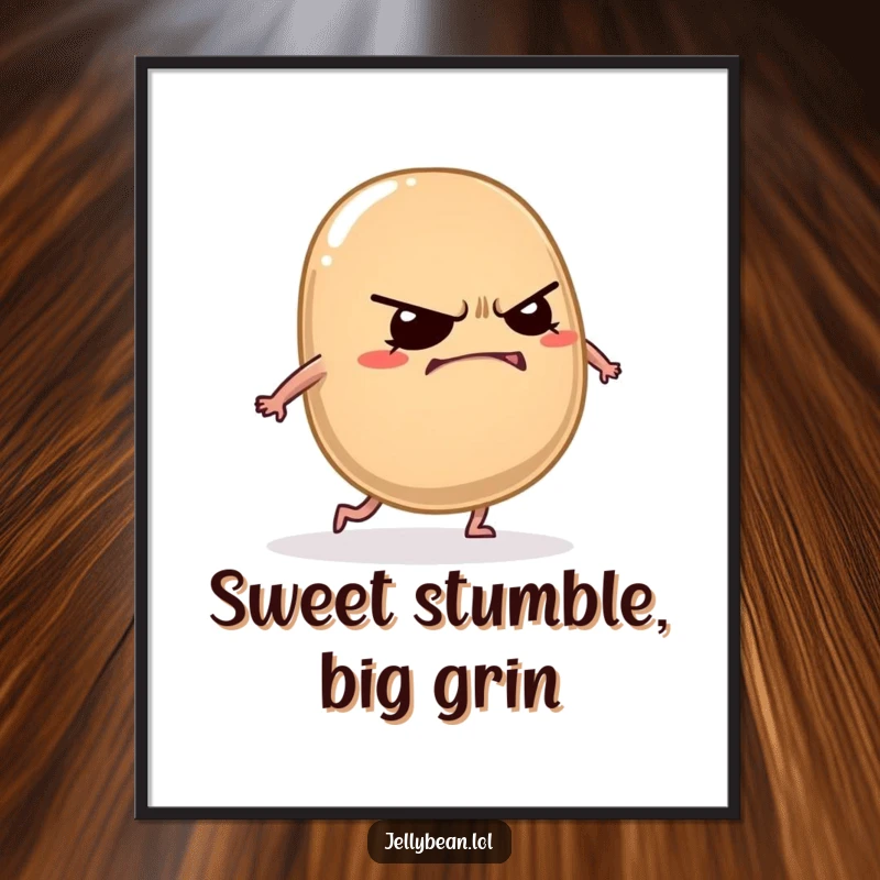 Funny Free Printable Wall Art: Grumpy jelly bean trips over feet with a mischievous grin, humorous downloadable art.