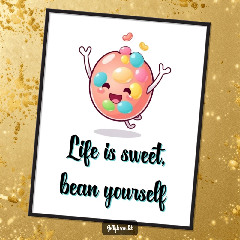 Funny Free Printable Wall Art: A silly jelly bean enthusiastically bouncing on its head, bringing vibrant humor to decor.
