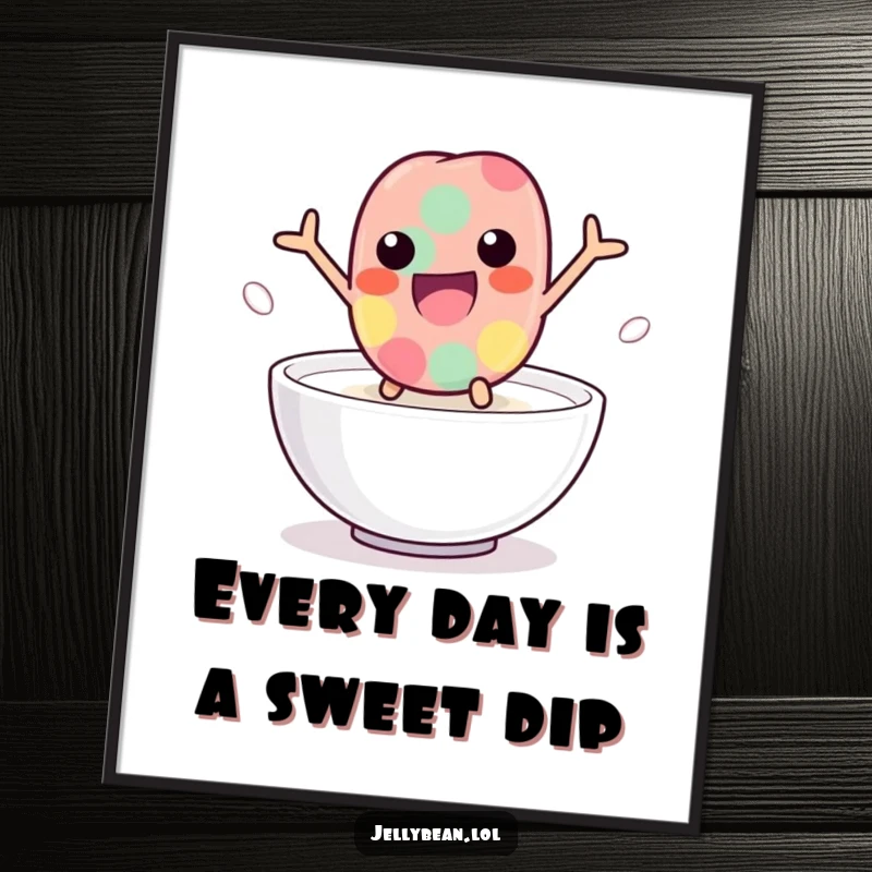 Funny free printable wall art depicting a playful jelly bean leaping joyfully into a bowl of milk.