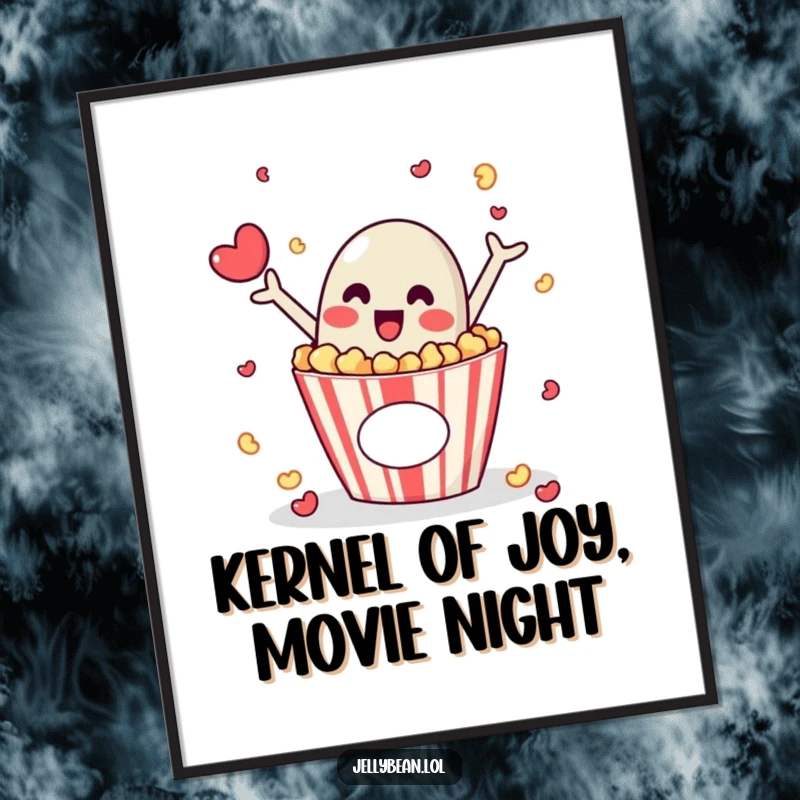 Funny Free Printable Wall Art: Jelly bean character bursting from popcorn box with excitement, energetic and fun, unique DIY decor.