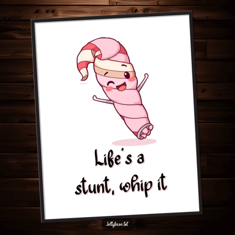 Funny Free Printable Wall Art of a happy licorice whip character caught mid-air performing a ridiculous and amusing silly stunt.