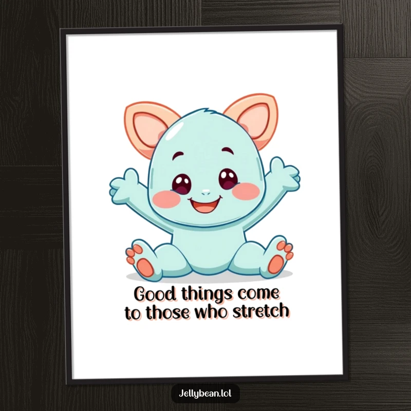 Funny Free Printable Wall Art of a smiling taffy character captured mid-playful stretch, adding a whimsical touch.