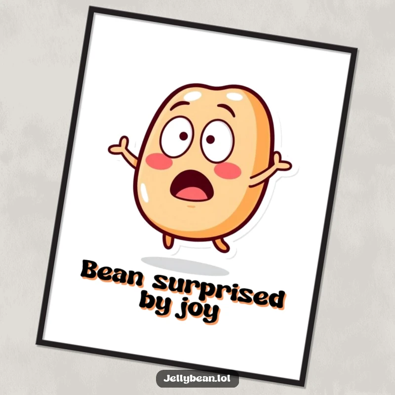 Funny Free Printable Wall Art: Exaggeratedly surprised jelly bean character jumping, perfect downloadable art.