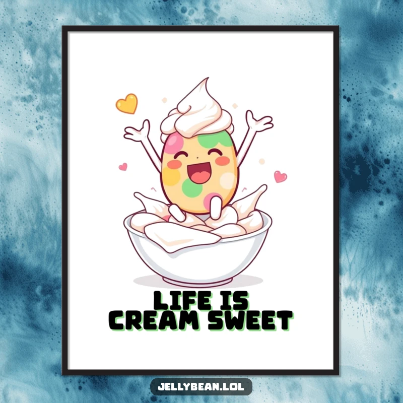 Funny Free Printable Wall Art: A jelly bean character joyfully leaping with delighted abandon into a bowl of whipped cream.