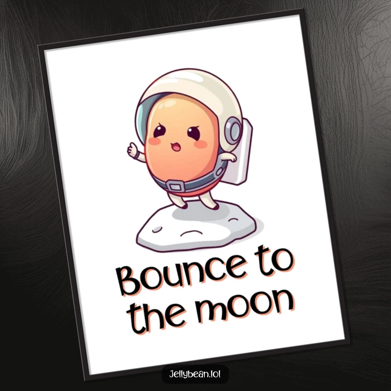 Funny free printable wall art: Determined jelly bean in astronaut helmet bouncing on the moon, whimsical space-themed decorative art.