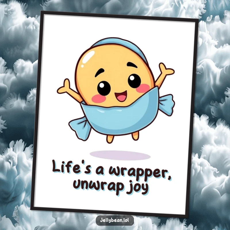 Funny Free Printable Wall Art depicting a jelly bean character with a comically surprised face erupting from an open candy wrapper.