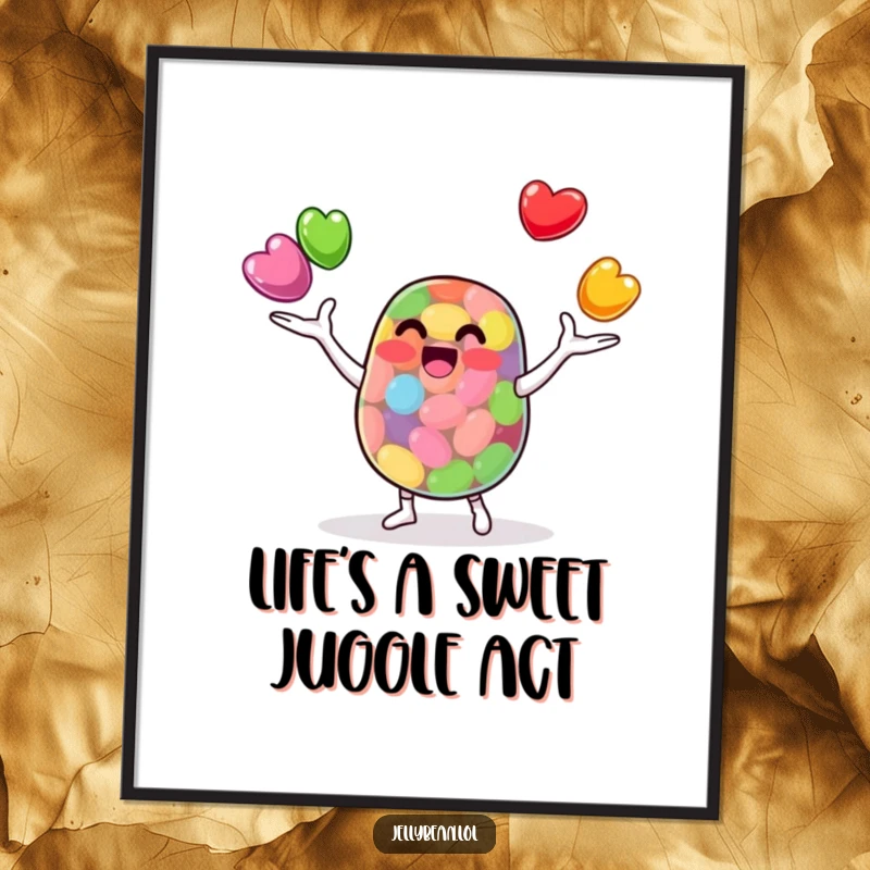 Funny Free Printable Wall Art: A colorful jelly bean character masterfully juggles three smaller, vibrant jelly beans.