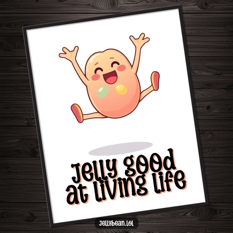 Funny Free Printable Wall Art: A colorful jelly bean character is captured mid-cartwheel with an expression of absolute joy.