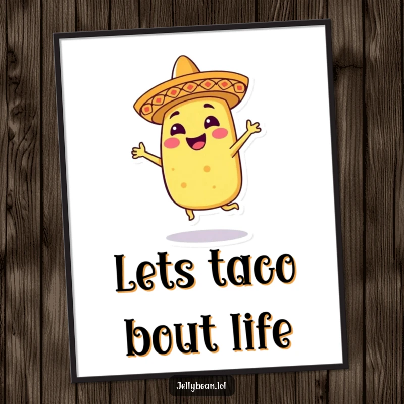 Funny Free Printable Wall Art: A smiling taco wearing a tiny sombrero, dancing energetically, adding vibrant fiesta vibes to decor.