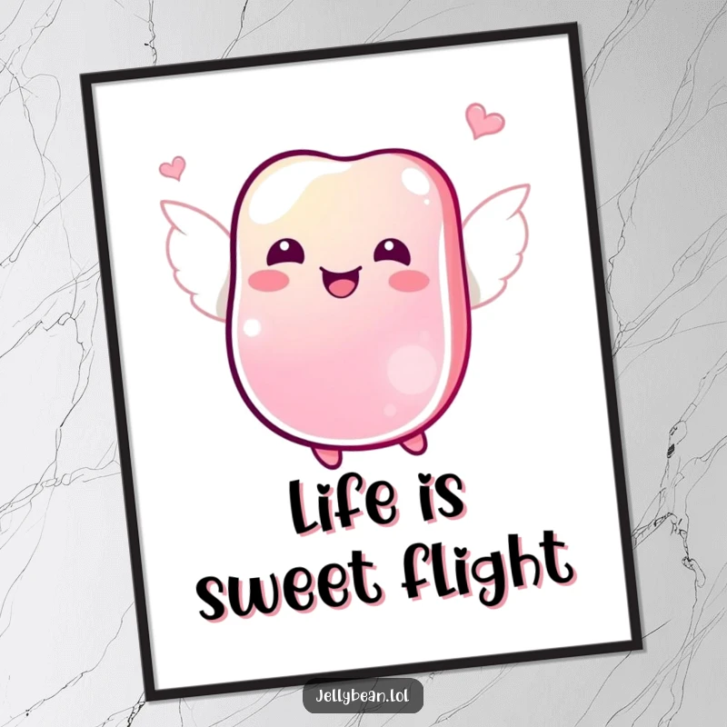 Funny free printable wall art: Jubilant jelly bean with tiny wings, joyfully fluttering through the air, whimsical decorative art.