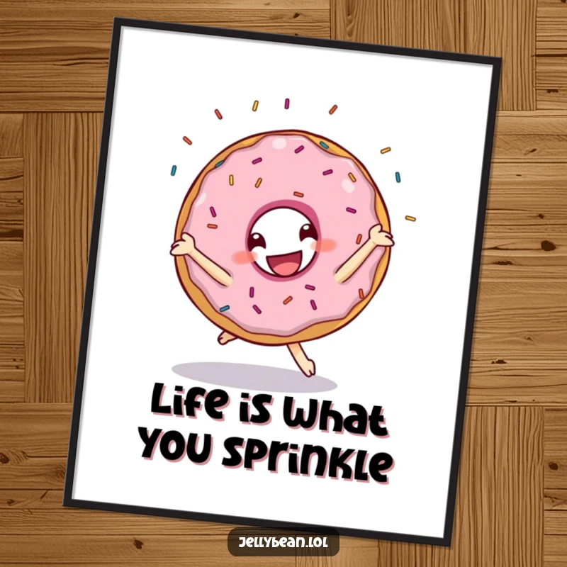 Funny Free Printable Wall Art: A grinning donut performing a cartwheel with sprinkles flying, adding vibrant, playful energy to decor.