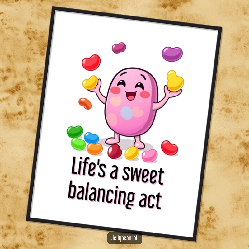 Funny Free Printable Wall Art: A cheerful jelly bean character expertly juggling small, bright jelly beans with infectious glee and vibrant energy.
