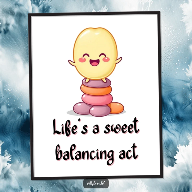 Funny Free Printable Wall Art showcasing a super happy jelly bean character precariously balancing on a vibrant stack of delicious candies.