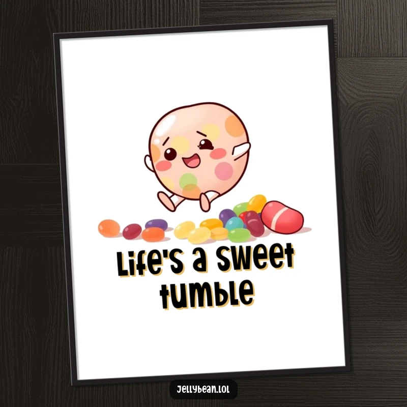 Funny Free Printable Wall Art: Jelly bean character comically slipping on scattered candy, perfect downloadable art.